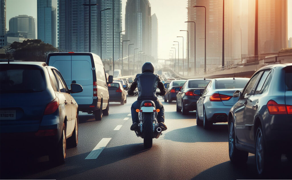 Motocykl jadący pomiędzy samochodami w korku w mieście - grafika wygenerowana przez AI.